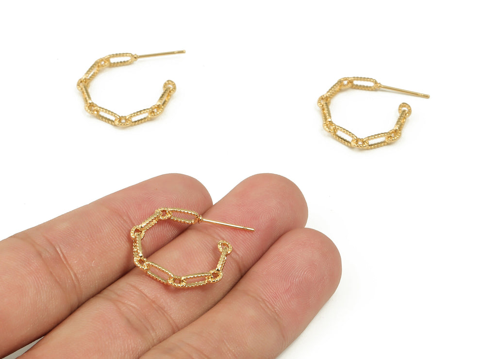 Brass Link Chain Stud Earrings - Brass Open Hoop Earring - Stainless Steel Studs -18k Real Gold Plated Brass -19.36x18.96x2.86mm- RGP3973 - DOMEDBAZAAR