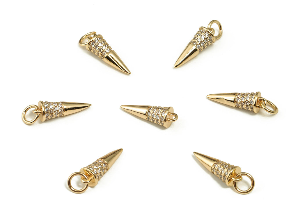 Brass Cone Earring Charms With Zircons - Gold Cone Pendant - 18K Real Gold Plated Brass - Jewelry Making Supplies - 14.9x5.1x4.7mm - RGP3643 - DOMEDBAZAAR