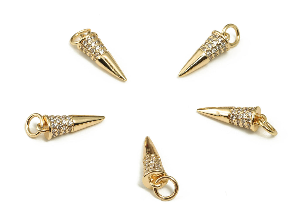 Brass Cone Earring Charms With Zircons - Gold Cone Pendant - 18K Real Gold Plated Brass - Jewelry Making Supplies - 14.9x5.1x4.7mm - RGP3643 - DOMEDBAZAAR