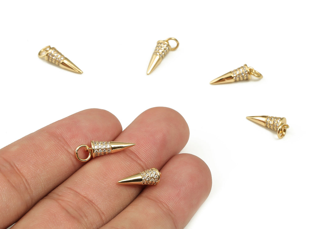Brass Cone Earring Charms With Zircons - Gold Cone Pendant - 18K Real Gold Plated Brass - Jewelry Making Supplies - 14.9x5.1x4.7mm - RGP3643 - DOMEDBAZAAR