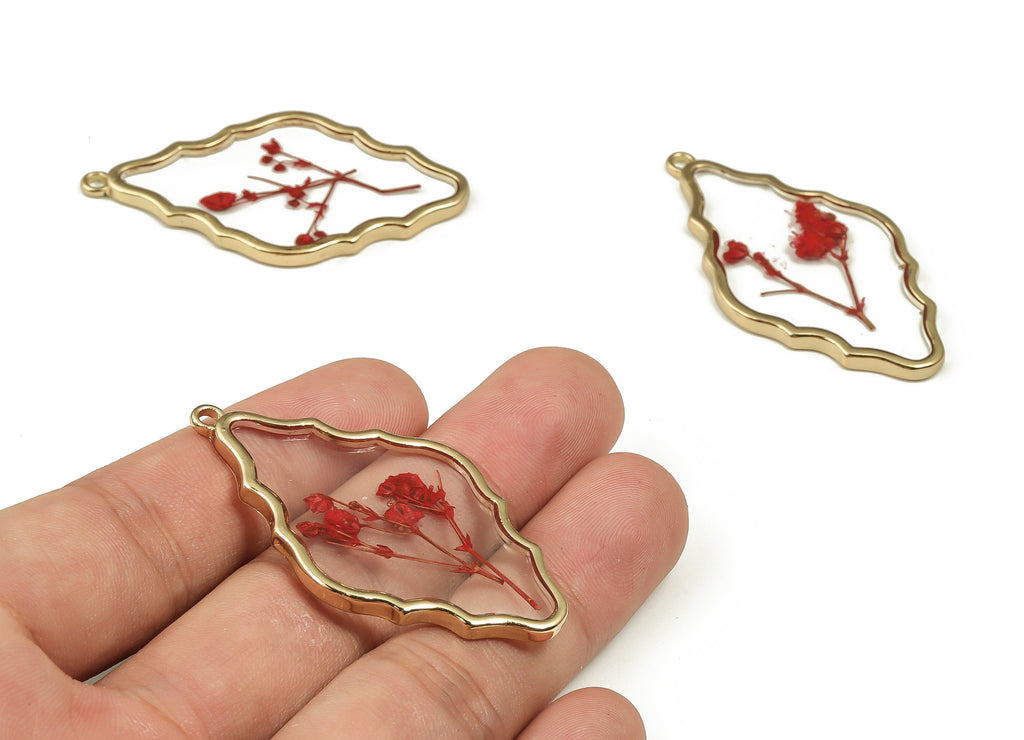 Epoxy Resin Diamond Real Flower Earring Charms - Epoxy Resin Embossed Stars Pendant - Gold Tone Plated Alloy - 50.6x28.07x3.11mm - ZZ1853 - DOMEDBAZAAR
