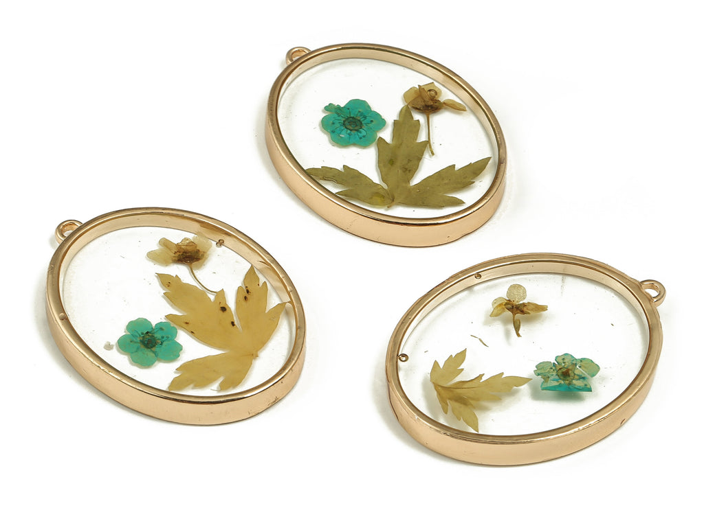Epoxy Resin Oval Real Flower Earring Charms - Resin Trivalvular lobe&Narcissu Pendant - Gold Tone Plated Alloy - 40.93x30.1x4.48mm - ZZ1862 - DOMEDBAZAAR