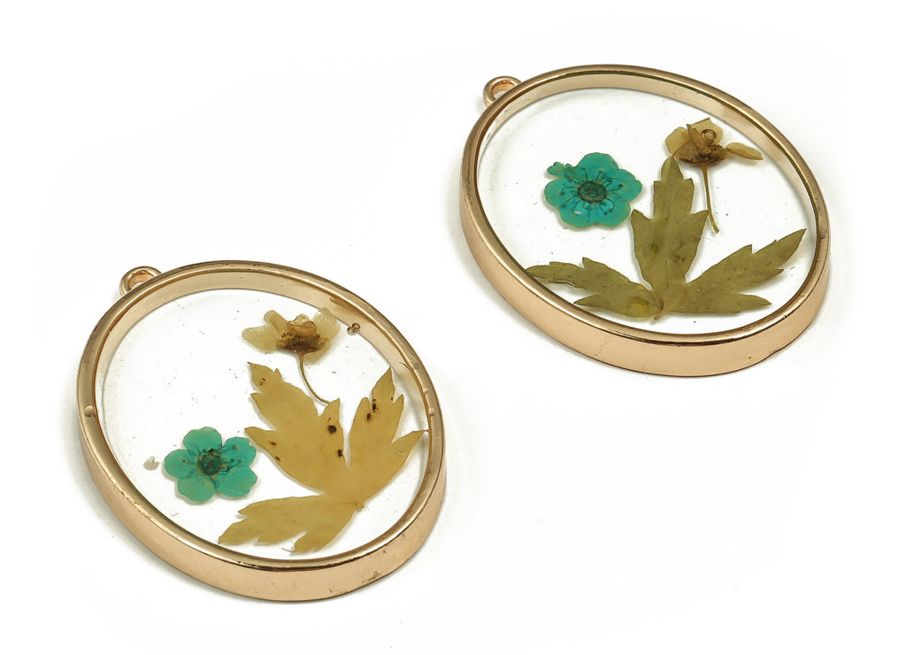 Epoxy Resin Oval Real Flower Earring Charms - Resin Trivalvular lobe&Narcissu Pendant - Gold Tone Plated Alloy - 40.93x30.1x4.48mm - ZZ1862 - DOMEDBAZAAR