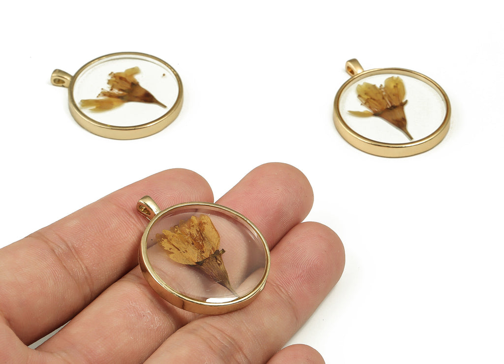 Epoxy Resin Round Real Flower Earring Charms - Epoxy Resin Malus Spectabilis Pendant - Gold Tone Plated Alloy - 34.57x29.05x4.79mm - ZZ1837 - DOMEDBAZAAR