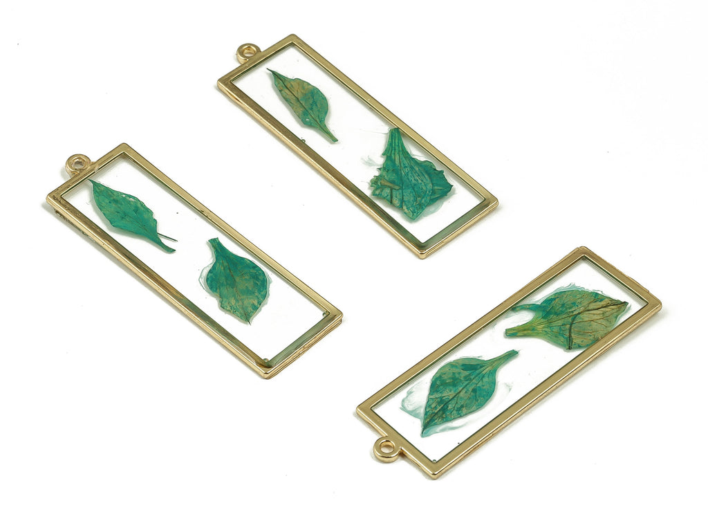 Epoxy Resin Rectangle Real Flower Earring Charms - Epoxy Resin Flat Head Seal Pendant - Gold Tone Plated Alloy - 44.92x14.72x1.57mm - ZZ1855 - DOMEDBAZAAR