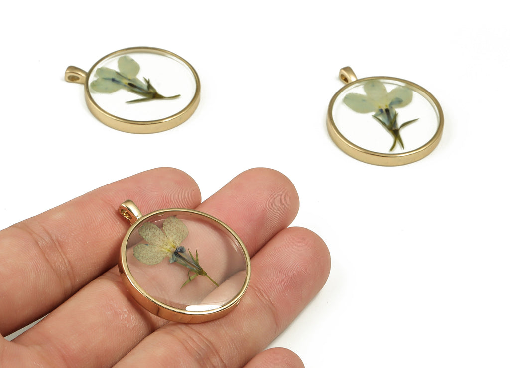 Epoxy Resin Round Real Flower Earring Charms - Epoxy Resin Garden Lobelia Pendant - Gold Tone Plated Alloy - 34.65x28.92x4.26mm - ZZ1830 - DOMEDBAZAAR