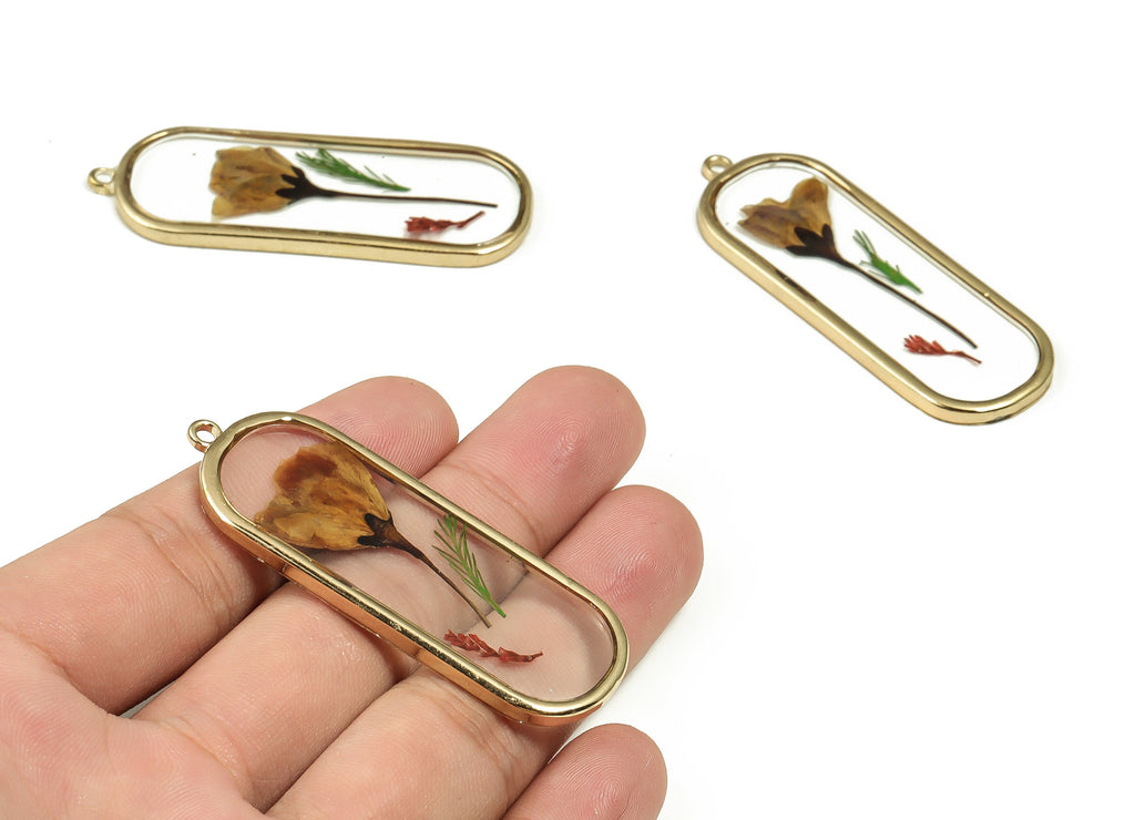 Epoxy Resin Oval Real Flower Charms - Epoxy Resin Malus Spectabilis& Grass Pendant - Gold Tone Plated Alloy - 59.09x21.67x3.04mm - ZZ1848 - DOMEDBAZAAR