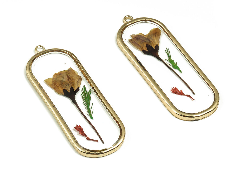 Epoxy Resin Oval Real Flower Charms - Epoxy Resin Malus Spectabilis& Grass Pendant - Gold Tone Plated Alloy - 59.09x21.67x3.04mm - ZZ1848 - DOMEDBAZAAR