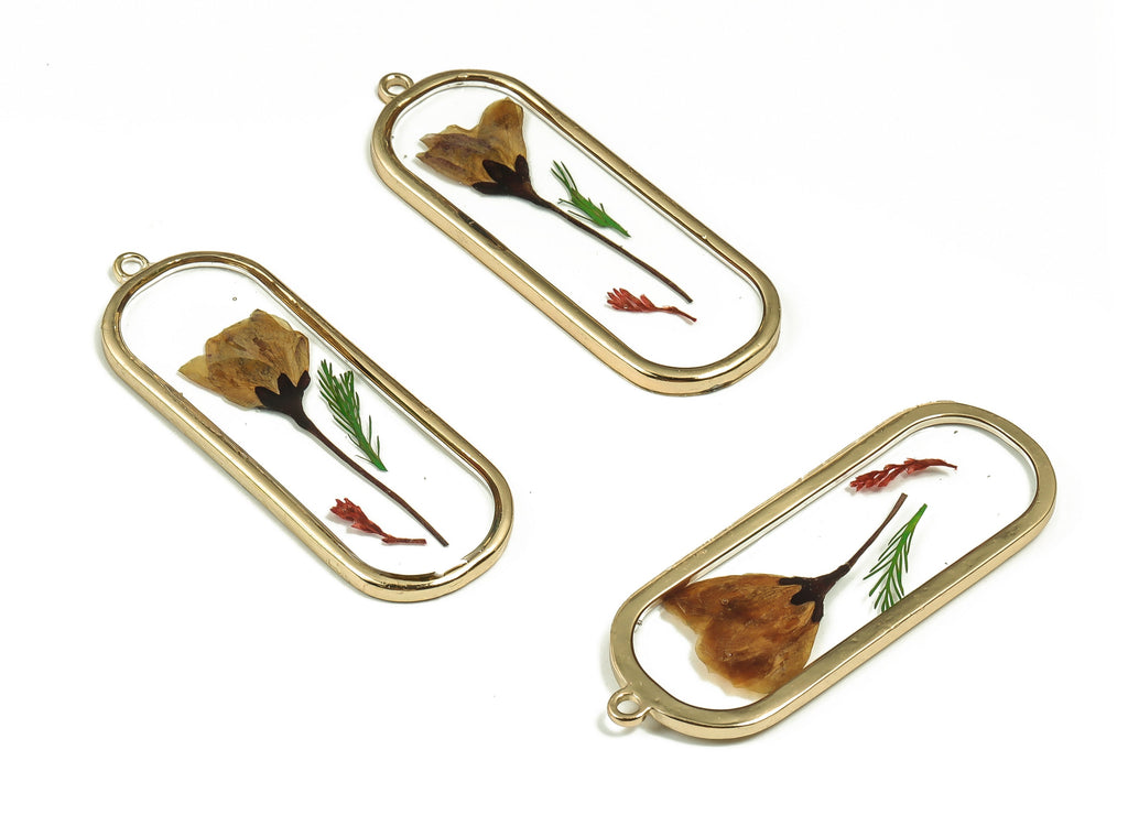 Epoxy Resin Oval Real Flower Charms - Epoxy Resin Malus Spectabilis& Grass Pendant - Gold Tone Plated Alloy - 59.09x21.67x3.04mm - ZZ1848 - DOMEDBAZAAR