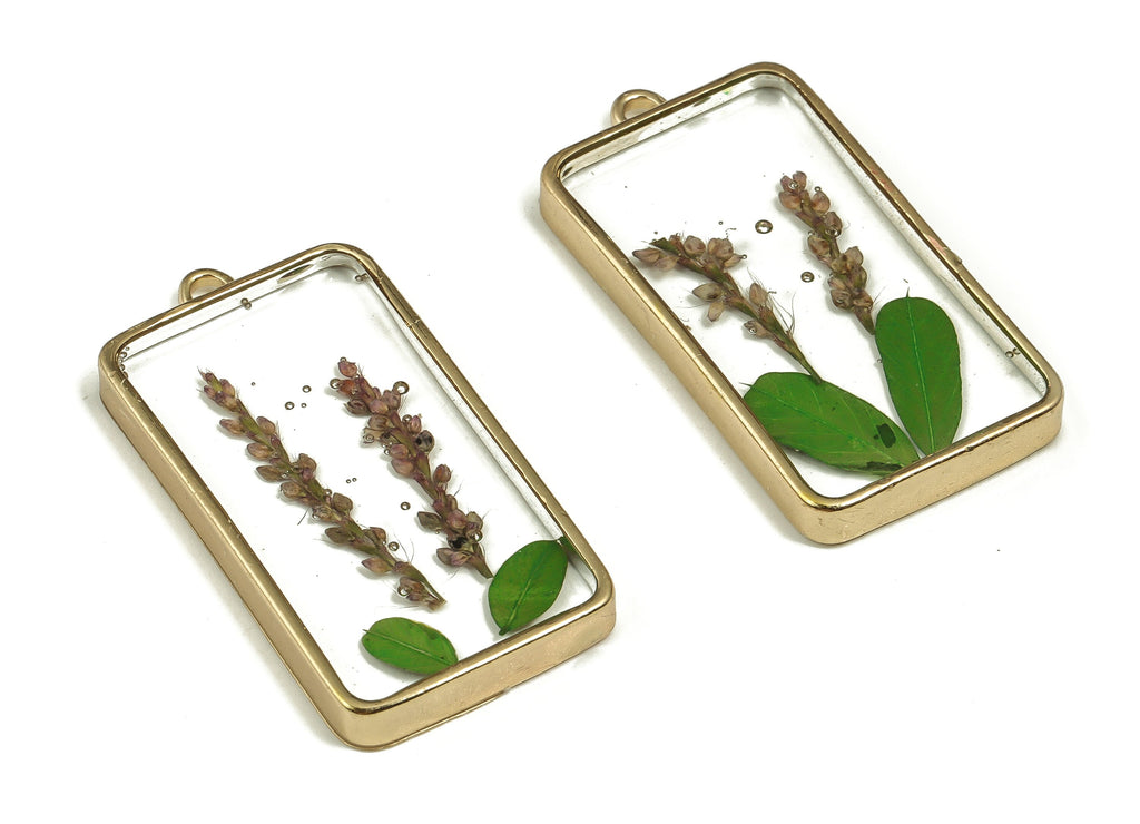 Epoxy Resin Rectangle Real Flower Earring Charms - Epoxy Resin Lavender Pendant - Gold Tone Plated Alloy - 40.56x20.62x4.31mm - ZZ1873 - DOMEDBAZAAR