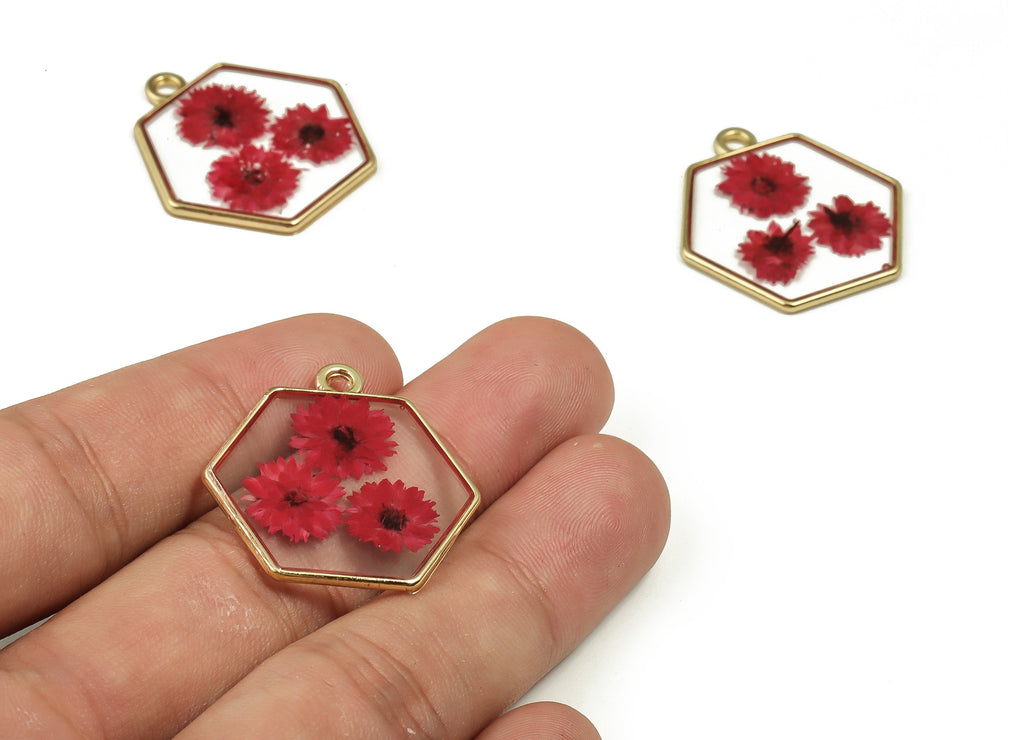 Epoxy Resin Hexagon Real Flower Earring Charms - Epoxy Resin Xiao Xiangqing Pendant - Gold Tone Plated Alloy - 28.53x27.94x2.83mm - ZZ1827 - DOMEDBAZAAR