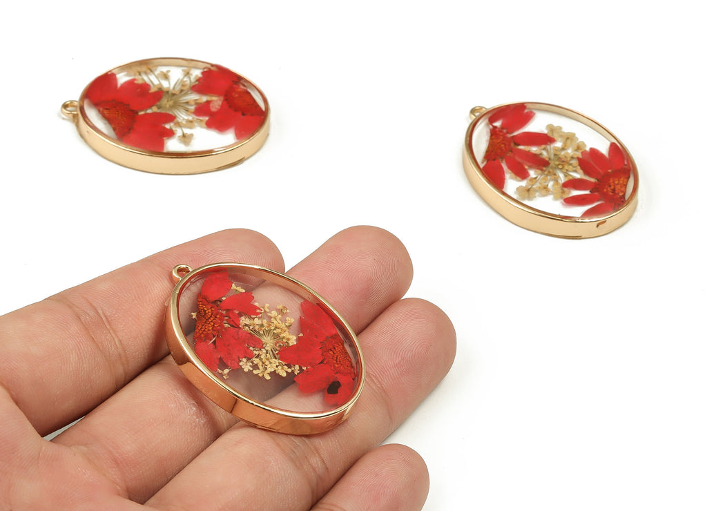 Epoxy Resin Oval Real Flower Earring Charms - Crinkle Chrysanthemum&Lace Flower Pendant - Gold Tone Plated Alloy - 41.21x30.5x4.7mm - ZZ1869 - DOMEDBAZAAR