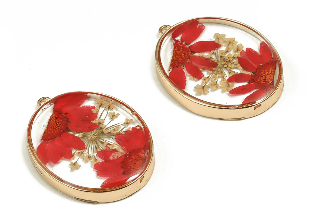 Epoxy Resin Oval Real Flower Earring Charms - Crinkle Chrysanthemum&Lace Flower Pendant - Gold Tone Plated Alloy - 41.21x30.5x4.7mm - ZZ1869 - DOMEDBAZAAR