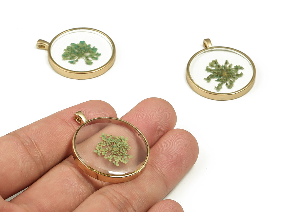 Epoxy Resin Round Real Flower Earring Charms - Epoxy Resin Lace Flower Pendant - Gold Tone Plated Alloy - 35.08x29.15x4.48mm - ZZ1838 - DOMEDBAZAAR