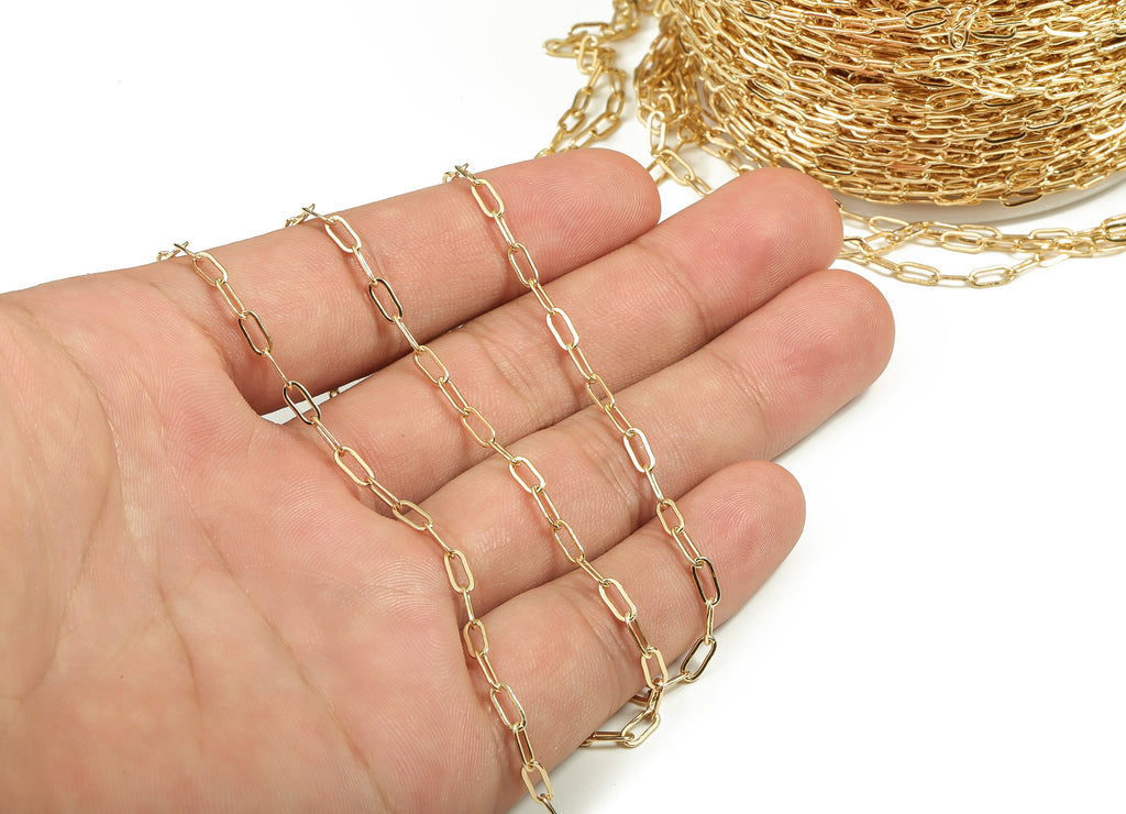 Brass Oval Rectangle Paper Clip Layering Chain - 18 Real Gold Oval Rolo Chain - Soldered Flat Cable Chain 0.24&quot; x 0.11&quot; x 0.16&quot; RGP3942 - DOMEDBAZAAR