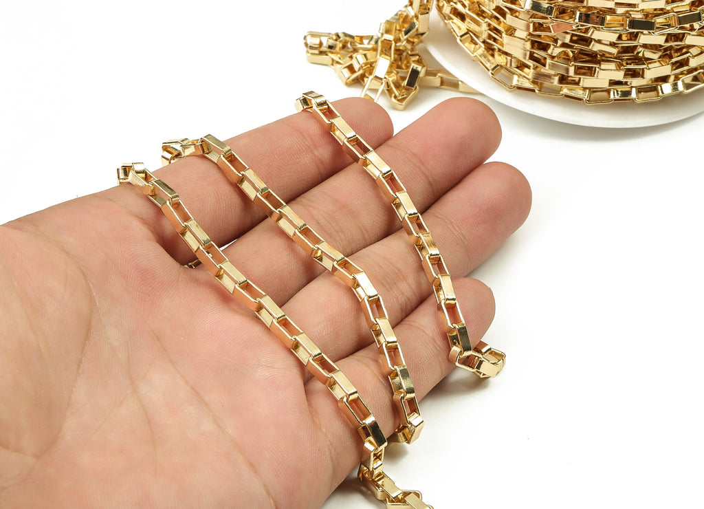 Brass Rectangle Paper Clip Layering Chain - 18 Real Gold Rectangle Openlink Chain - Flat Cable Chain 0.29&quot; x 0.16&quot; x 0.10&quot; RGP3949 - DOMEDBAZAAR