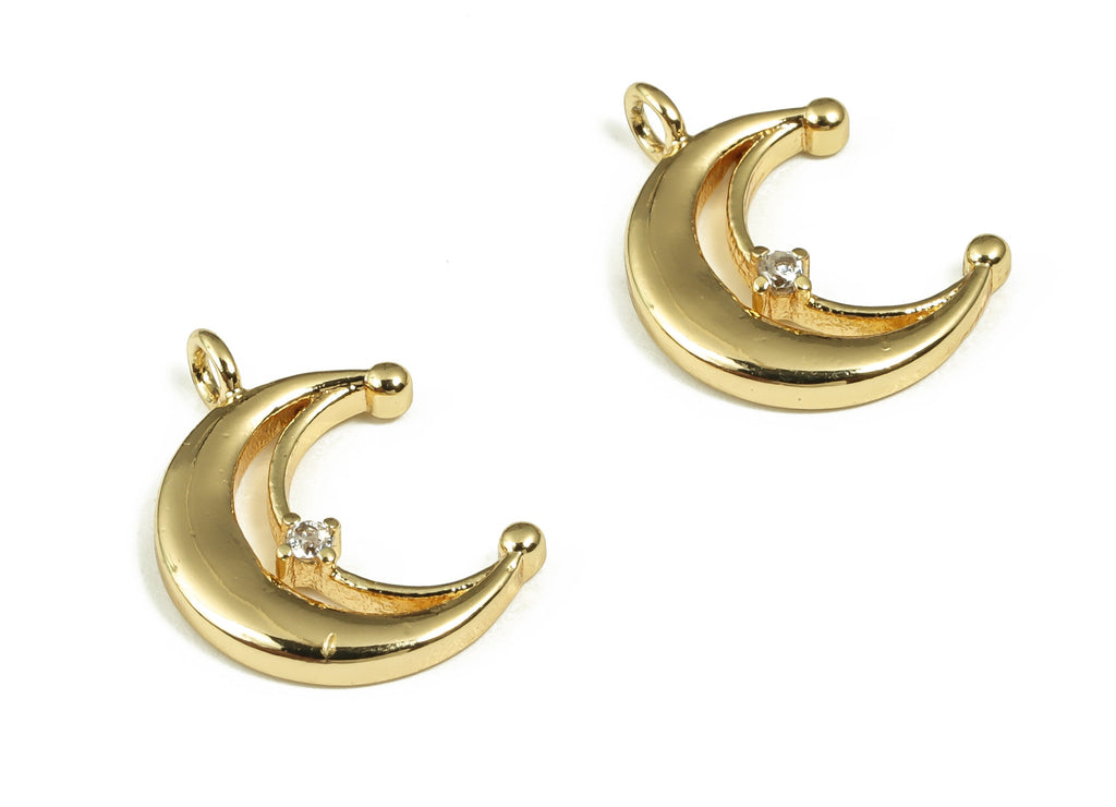 Brass Crescent Earring Charms With Zircons - Gold Moon Pendant - 18K Real Gold Plated Brass - Jewelry Supplies - 13.81x11.7x1.93mm - RGP4038 - DOMEDBAZAAR