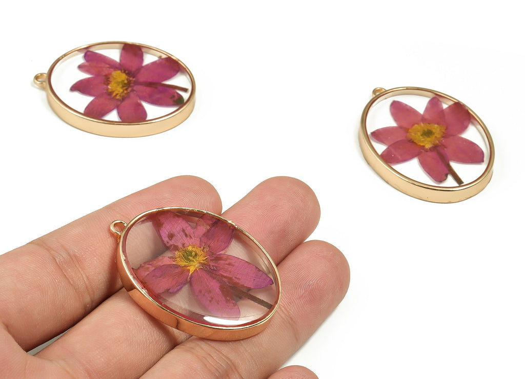 Epoxy Resin Oval Real Flower Earring Charms - Epoxy Resin Annunciator Pendant - Gold Tone Plated Alloy - 41.15x30.08x5.36mm - ZZ1932 - DOMEDBAZAAR