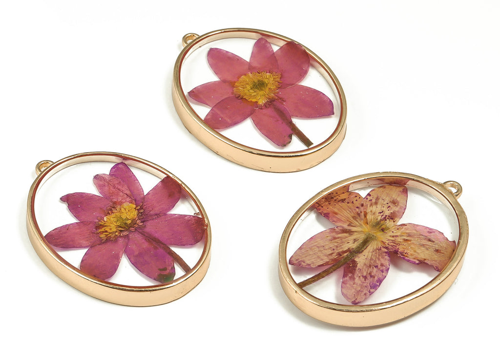 Epoxy Resin Oval Real Flower Earring Charms - Epoxy Resin Annunciator Pendant - Gold Tone Plated Alloy - 41.15x30.08x5.36mm - ZZ1932 - DOMEDBAZAAR