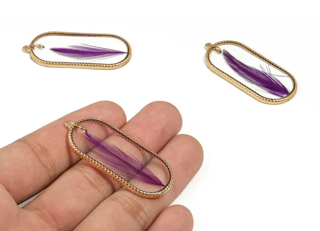 Epoxy Resin Oval Real Flower Charms - Epoxy Resin Feather Pendant - Gold Tone Plated Alloy - Jewelry Supplies - 46.25x20.71x2.54mm - ZZ1935 - DOMEDBAZAAR