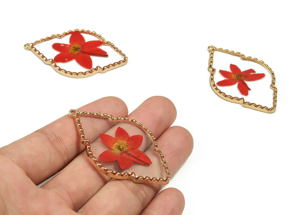 Epoxy Resin Diamond Real Flower Earring Charms - Epoxy Resin Annunciator Pendant - Gold Tone Plated Alloy - 54.01x33.73x2.77mm - ZZ1923 - DOMEDBAZAAR