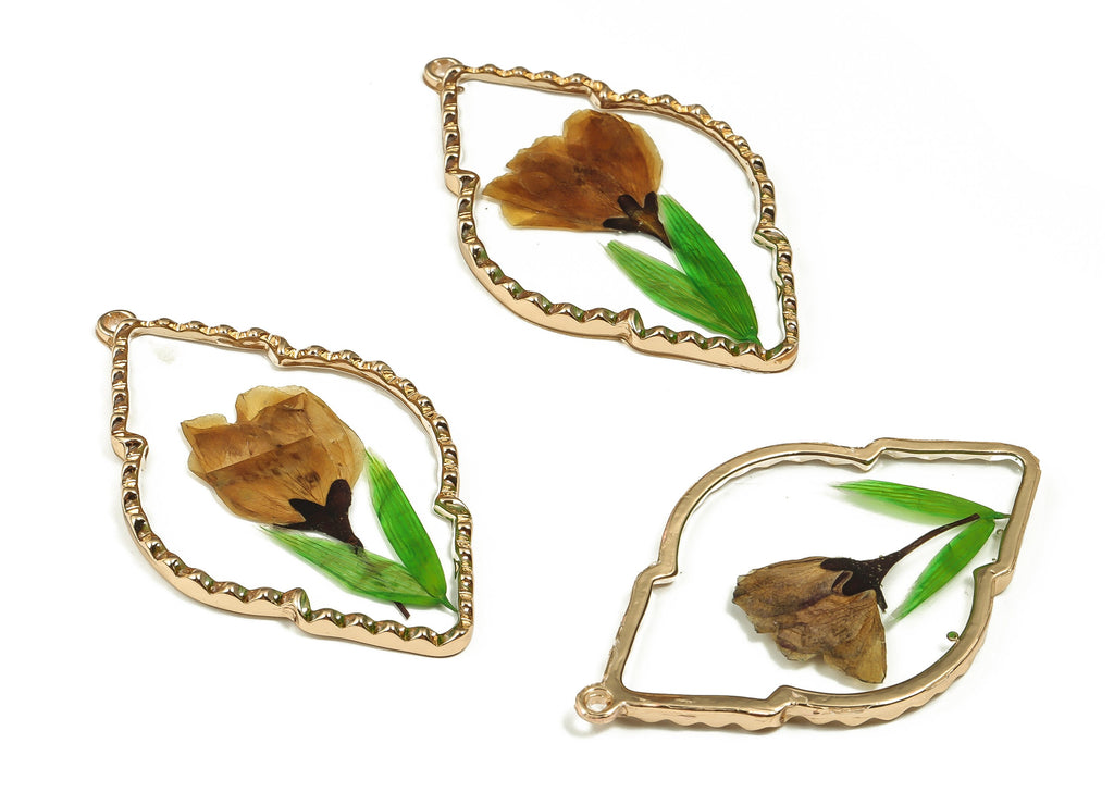 Epoxy Resin Diamond Real Flower Earring Charms - Epoxy Resin Sweet Alyssum Pendant - Gold Tone Plated Alloy - 54.79x32.84x3.83mm - ZZ1921 - DOMEDBAZAAR