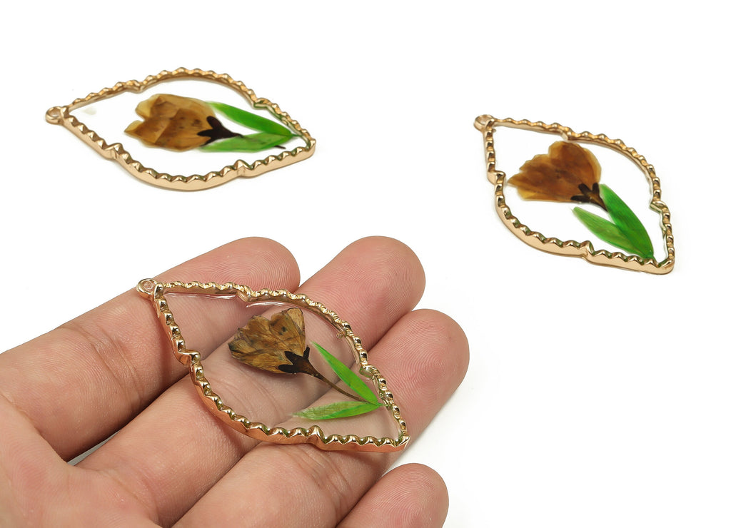 Epoxy Resin Diamond Real Flower Earring Charms - Epoxy Resin Sweet Alyssum Pendant - Gold Tone Plated Alloy - 54.79x32.84x3.83mm - ZZ1921 - DOMEDBAZAAR