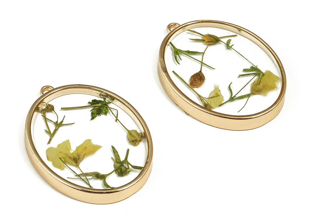 Epoxy Resin Oval Real Flower Earring Charms - Epoxy Resin Kasumi Grass Pendant - Gold Tone Plated Alloy - 40.96x30.11x4.64mm - ZZ1934 - DOMEDBAZAAR
