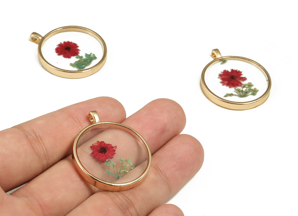 Epoxy Resin Round Real Flower Charms - Epoxy Resin Xiao Xiang Qin&Lace Flower Pendant - Gold Tone Plated Alloy - 34.85x28.98x4.13mm - ZZ1906 - DOMEDBAZAAR
