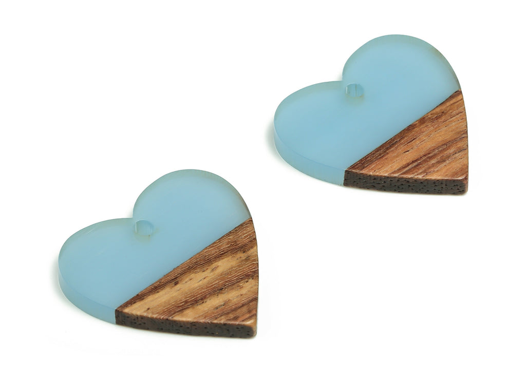 Walnut Wood Heart Earring Charm - Resin Heart Pendant - Sky Blue& Coffee Resin Heart - Jewelry Making Supplies - 24.78x23.98x2.8mm - BB1102C - DOMEDBAZAAR