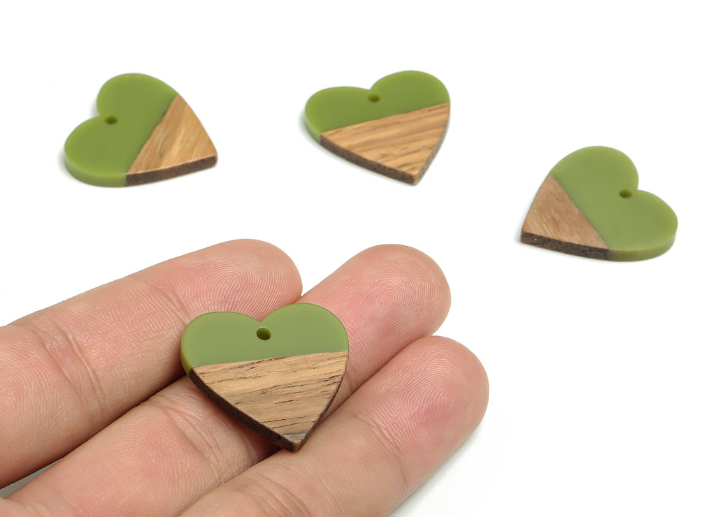 Walnut Wood Heart Earring Charms - Resin Heart Pendant - Green& Coffee Resin Heart - Jewelry Making Supplies - 24.78x23.98x2.8mm - BB1102F - DOMEDBAZAAR