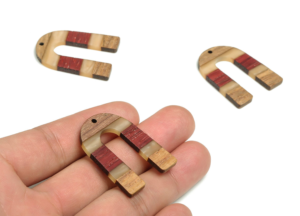 Walnut Wood U Earring Charms - Resin Semi circle Pendant - Apricot Red& Coffee Resin U - Jewelry Supplies - 36.89x28.06x3.05mm - BB1107 - DOMEDBAZAAR