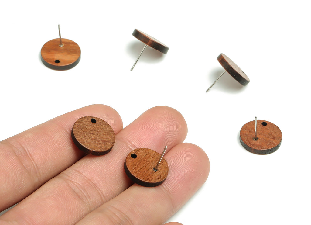 Walnut Wood Round Earring Stud - Walnut Wood Circle Post - 316 Stainless Steel - Jewelry Making Supplies - 15.14x15.14x2.9mm - BB1110 - DOMEDBAZAAR