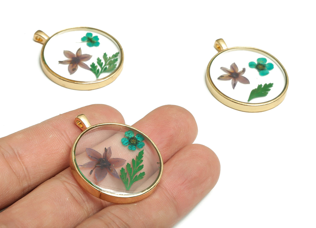 Epoxy Resin Round Real Flower Charms - Leek Flower - Narcissus Flower - Lace Flower Charms - Gold Tone Plated Alloy - 35x28.6x4.7mm - ZZ1947 - DOMEDBAZAAR