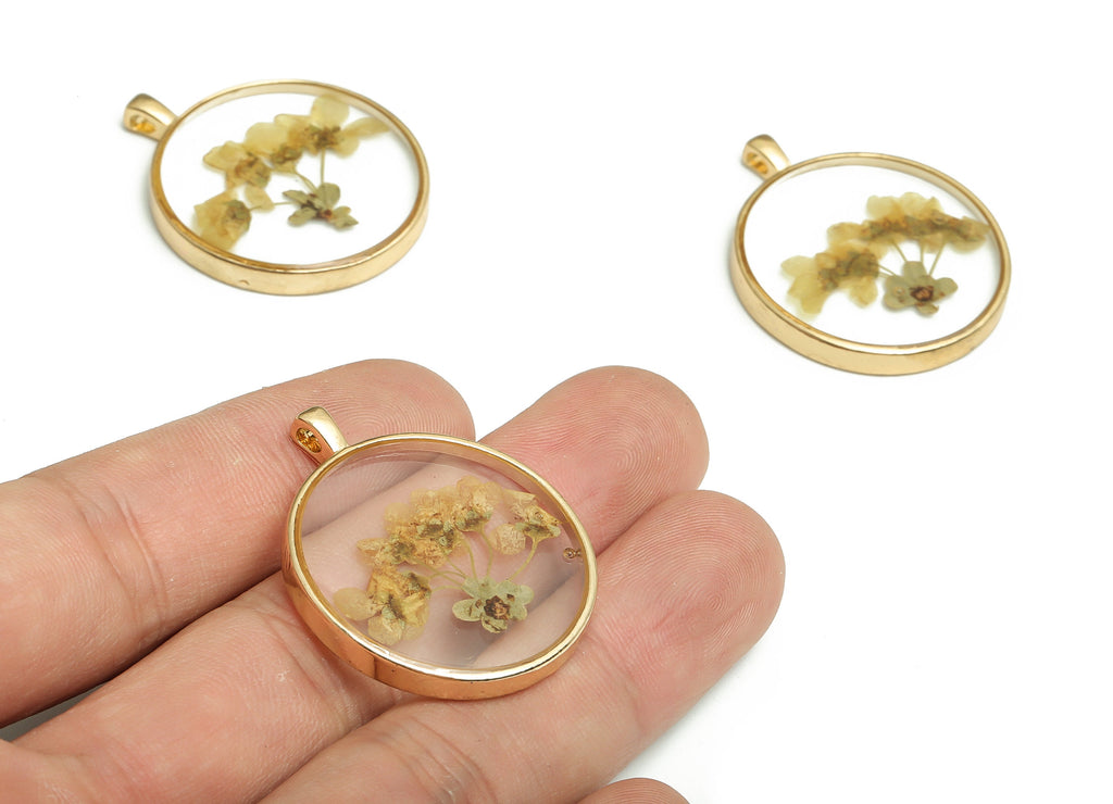 Resin Round Charm - Real Flower Earrings Charm - Epoxy Resin Snowgrass Pendant Charms - Gold Tone Plated Alloy -35.43x28.63x4.46mm- ZZ1941 - DOMEDBAZAAR