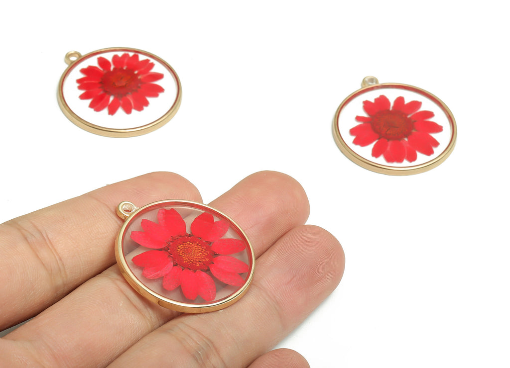 Epoxy Resin Round Charms - Dried Flower Jewelry - Real Flower Charms -Resin Jewelry - Gold Tone Plated Alloy Charm -32.9x29.7x2.4mm- ZZ1936 - DOMEDBAZAAR