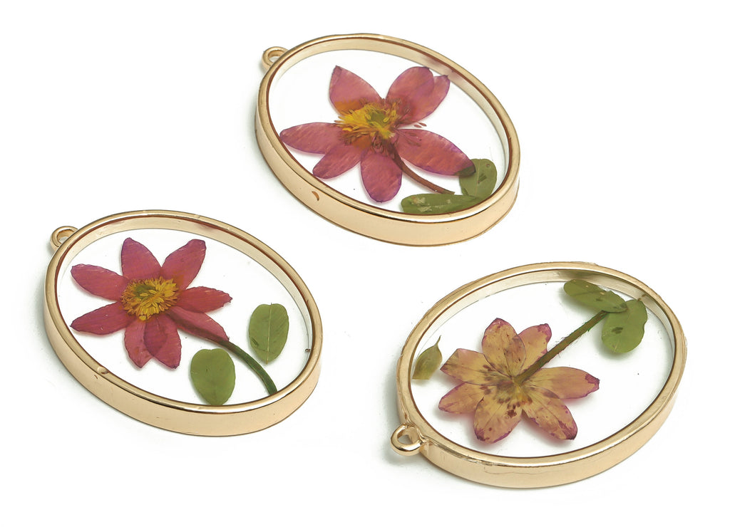 Epoxy Resin Oval Real Flower Earrings Charm - Dried Annunciator Flower Pendant Charms - Gold Tone Plated Alloy -41.07x30.32x5.04mm- ZZ1957 - DOMEDBAZAAR
