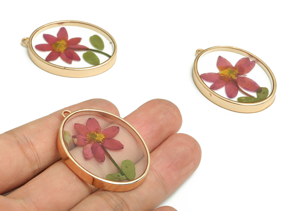 Epoxy Resin Oval Real Flower Earrings Charm - Dried Annunciator Flower Pendant Charms - Gold Tone Plated Alloy -41.07x30.32x5.04mm- ZZ1957 - DOMEDBAZAAR
