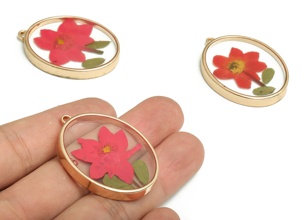Epoxy Resin Oval Real Flower Earrings Charm - Dried Annunciator Flower Pendant Charms - Gold Tone Plated Alloy -41.23x30.26x4.5mm- ZZ1956 - DOMEDBAZAAR