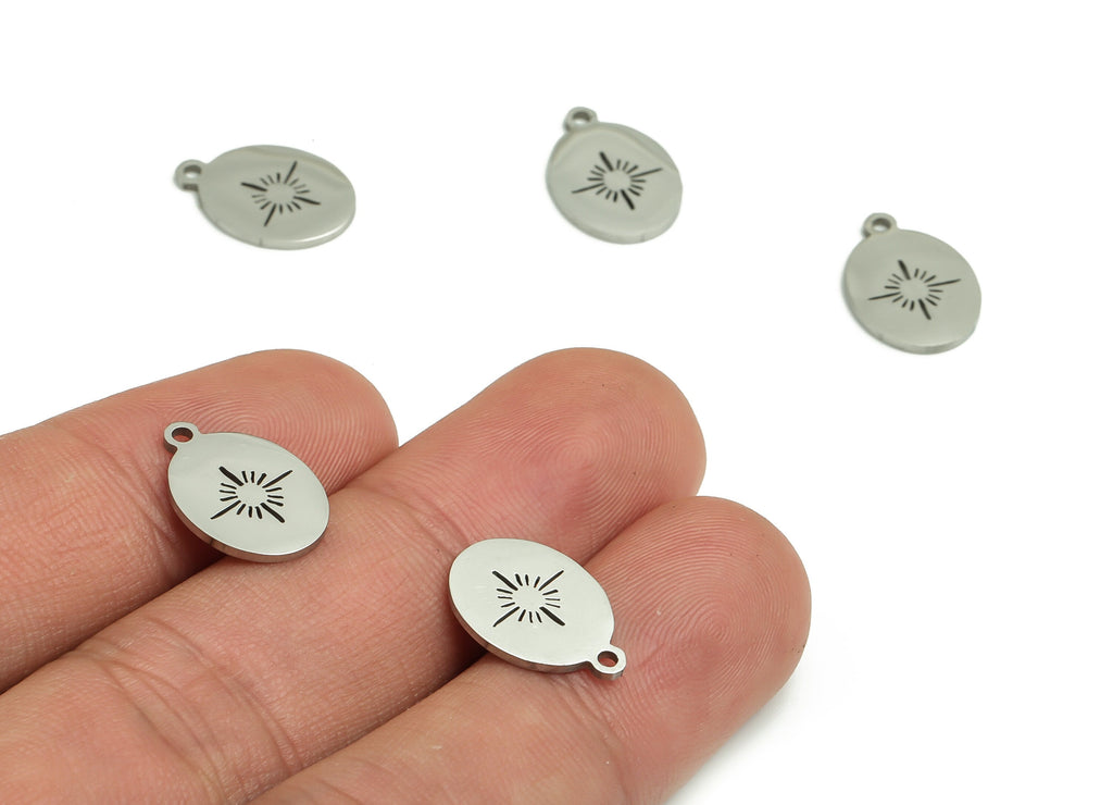 Stainless Steel Oval Earring Charms - Stainless Steel Sun Star Pendant - Jewelry Making Supplies - 14.89x10.36x0.95mm - SS1261 - DOMEDBAZAAR