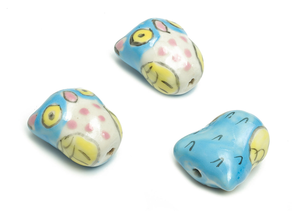 Glazed Ceramic Owl Beads - Carved Owl Beads - Handmade Beads - Necklace Beads - Connectors Beads - 20.66x18.91x12.58mm - NS1436 - DOMEDBAZAAR