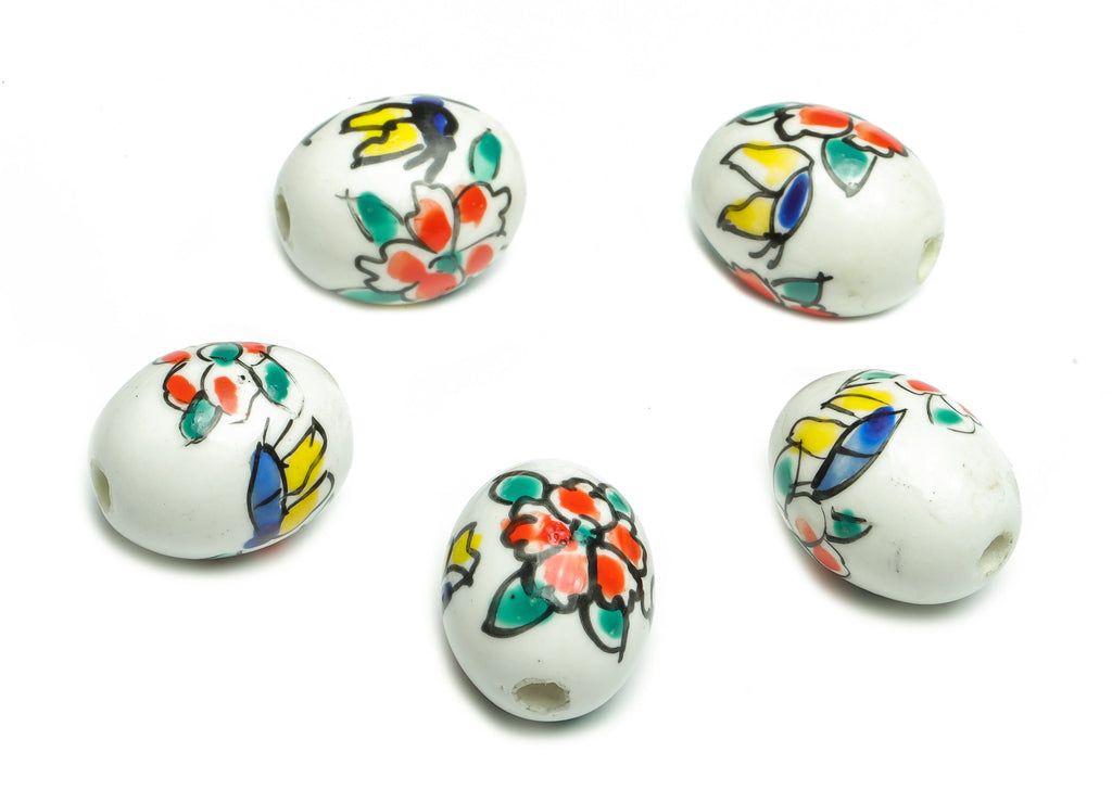 Glazed Ceramic Oval Beads - Carved Flower Beads - Handmade Beads - Necklace Beads - Connectors Beads - 17.02x14.45x14.45mm - NS1433 - DOMEDBAZAAR