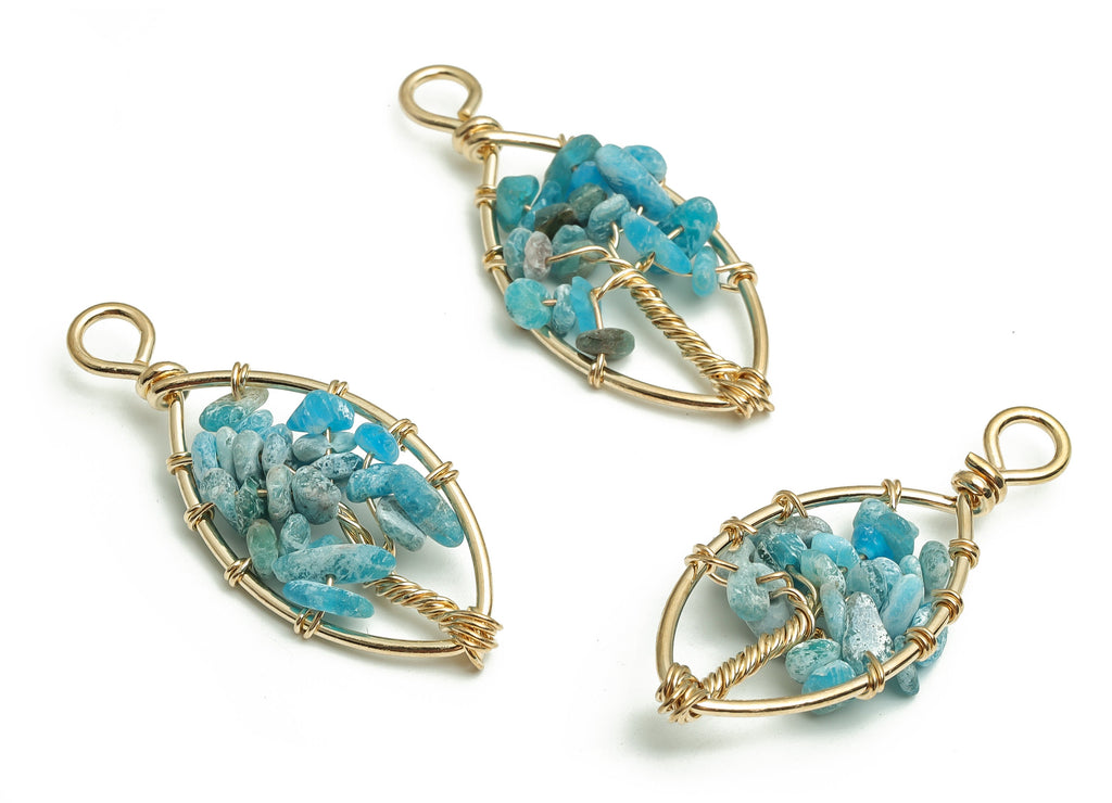 Blue Apatite Jewelry Charms – Wire Wrapped Natural Stone - Iron Oval Pendant - Gold Tone Plated Alloy - 41.97x17.78x6.89mm - NS1419 - DOMEDBAZAAR