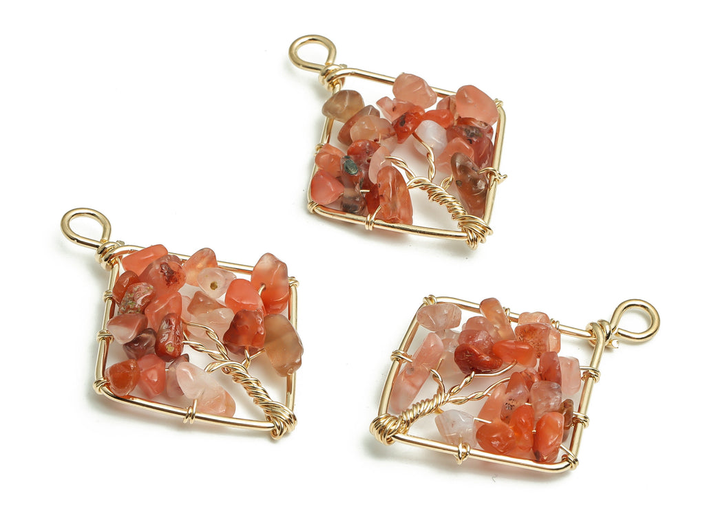 Carnelian Stone Earring Charms – Wire Wrapped Natural Stone - Iron Diamond Pendant - Gold Tone Plated Alloy - 43.81x31.19x6.82mm - NS1420 - DOMEDBAZAAR