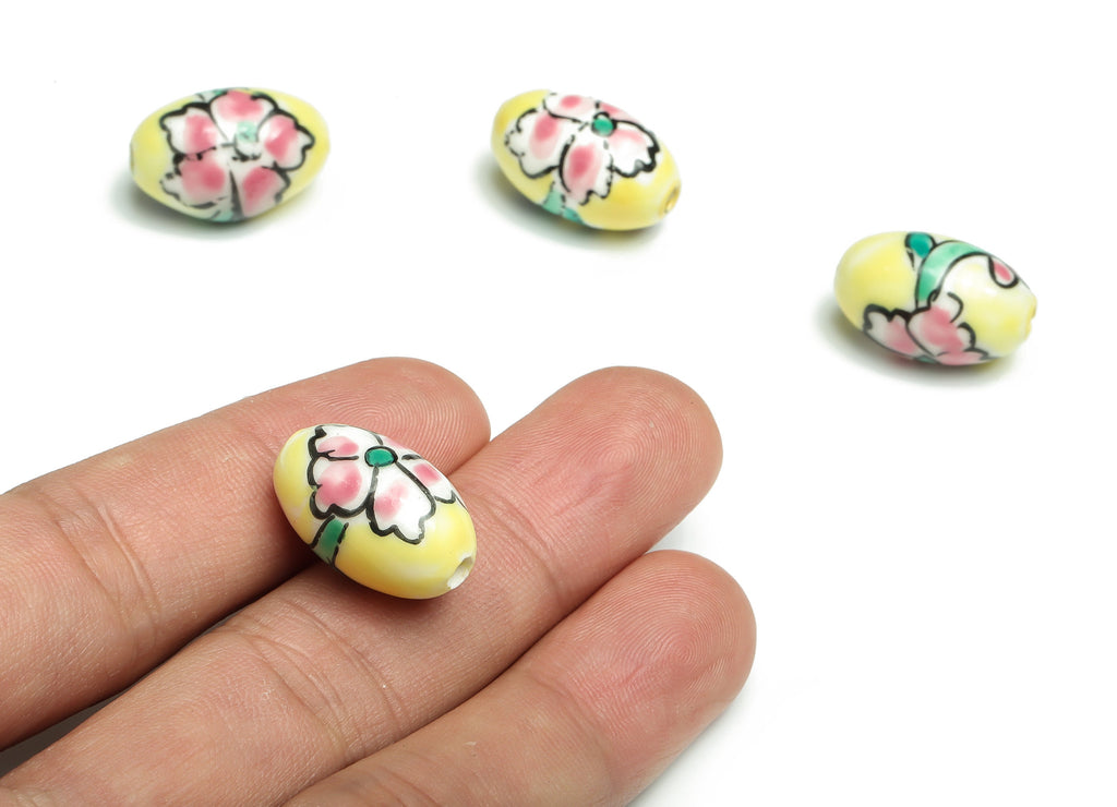 Glazed Ceramic Oval Beads - Carved Flower Beads - Handmade Beads - Necklace Beads - Connectors Beads - 20.1x12.08x12.08mm - NS1435 - DOMEDBAZAAR