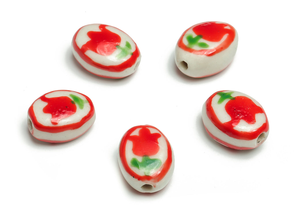 Glazed Ceramic Oval Beads - Carved Flower Beads - Handmade Beads - Necklace Beads - Connectors Beads - 14.97x11.45x7.21mm - NS1439 - DOMEDBAZAAR