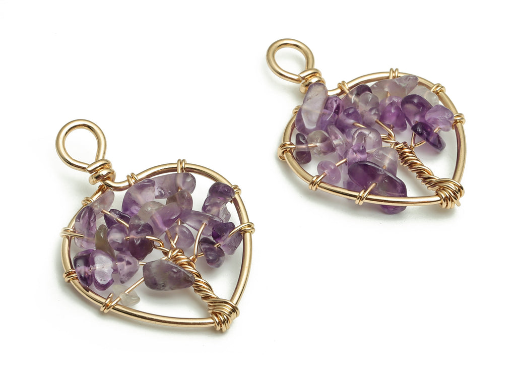 Purple Amethyst Jewelry Charms – Wire Wrapped Natural Stone - Iron Heart Pendant - Gold Tone Plated Alloy - 37.75x26.62x5.33mm- NS1417 - DOMEDBAZAAR