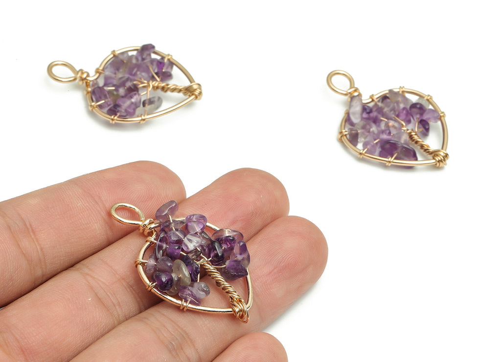 Purple Amethyst Jewelry Charms – Wire Wrapped Natural Stone - Iron Heart Pendant - Gold Tone Plated Alloy - 37.75x26.62x5.33mm- NS1417 - DOMEDBAZAAR