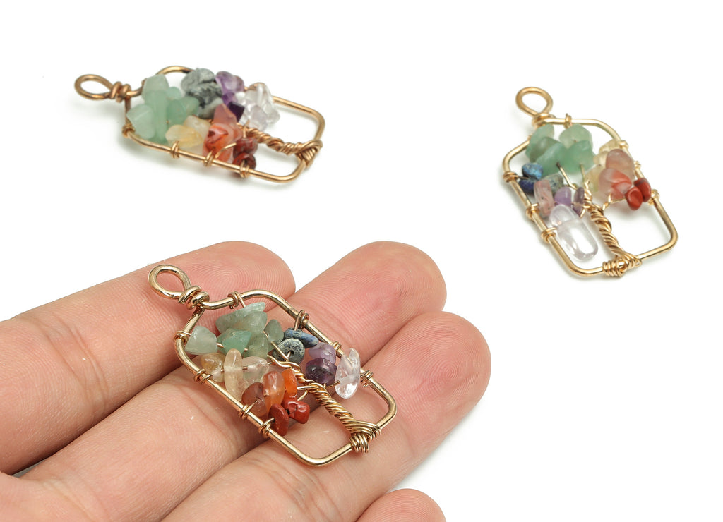 Chakra Stone Jewelry Charms- Wire Wrapped Natural Stone& Red Stone - Iron Rectangle Pendant- Gold Tone Plated Alloy- 42.57x21.4x6.7mm-NS1418 - DOMEDBAZAAR