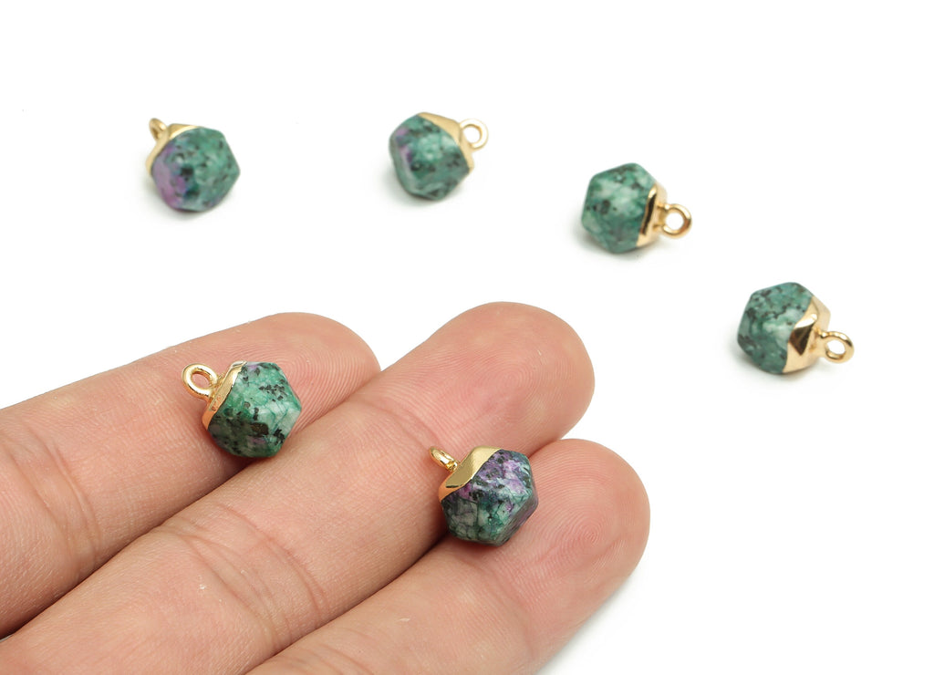Ruby Zoisite Charms - Iron Faceted Round Pendant - Natural Stone - Gold Tone Plated Alloy – Jewelry Supplies - 11.99x8.07x7.78mm – NS1410 - DOMEDBAZAAR